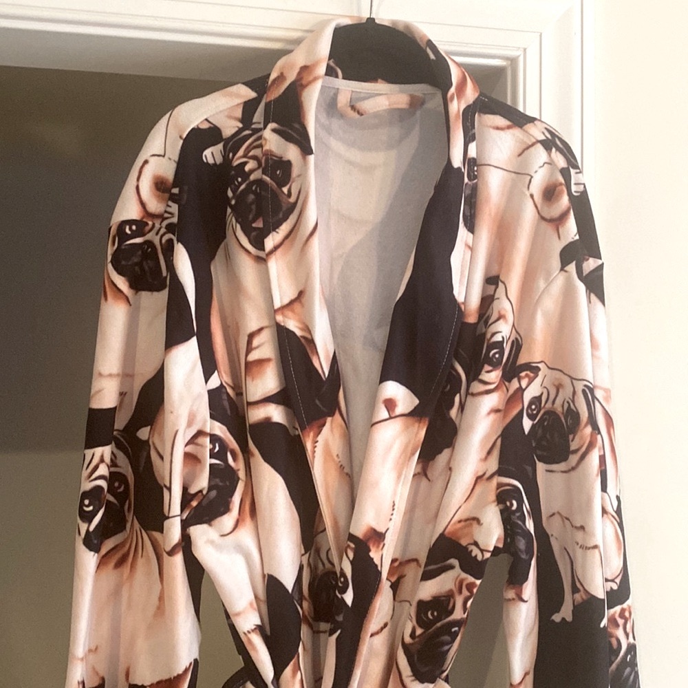 PUG Print Adorable Long Adult Comfy Bath Robe with Belt & Front Pockets Sz OS